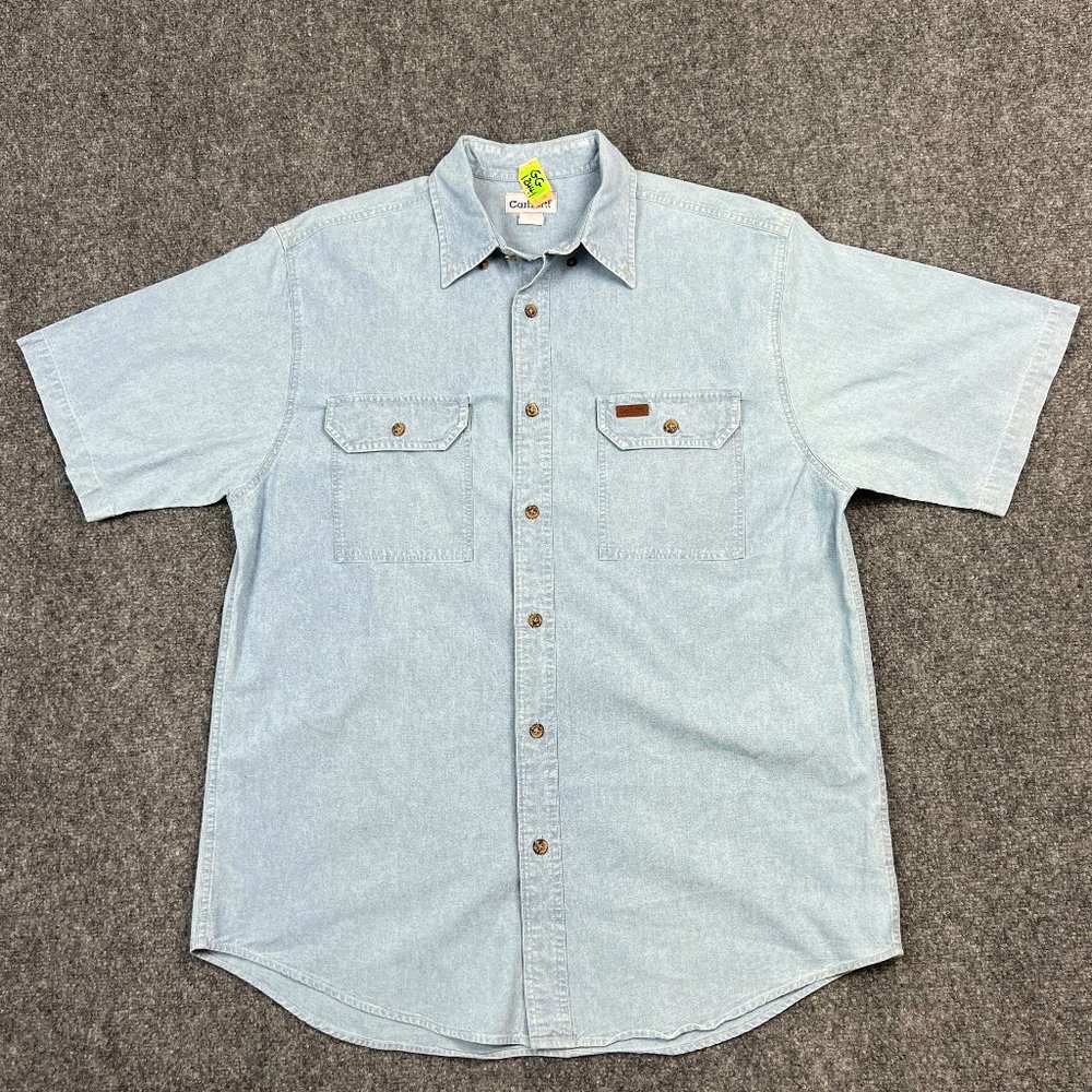 Carhartt Shirt Adult Large Blue Denim Short Sleeve Button Up Workwear Cotton Men